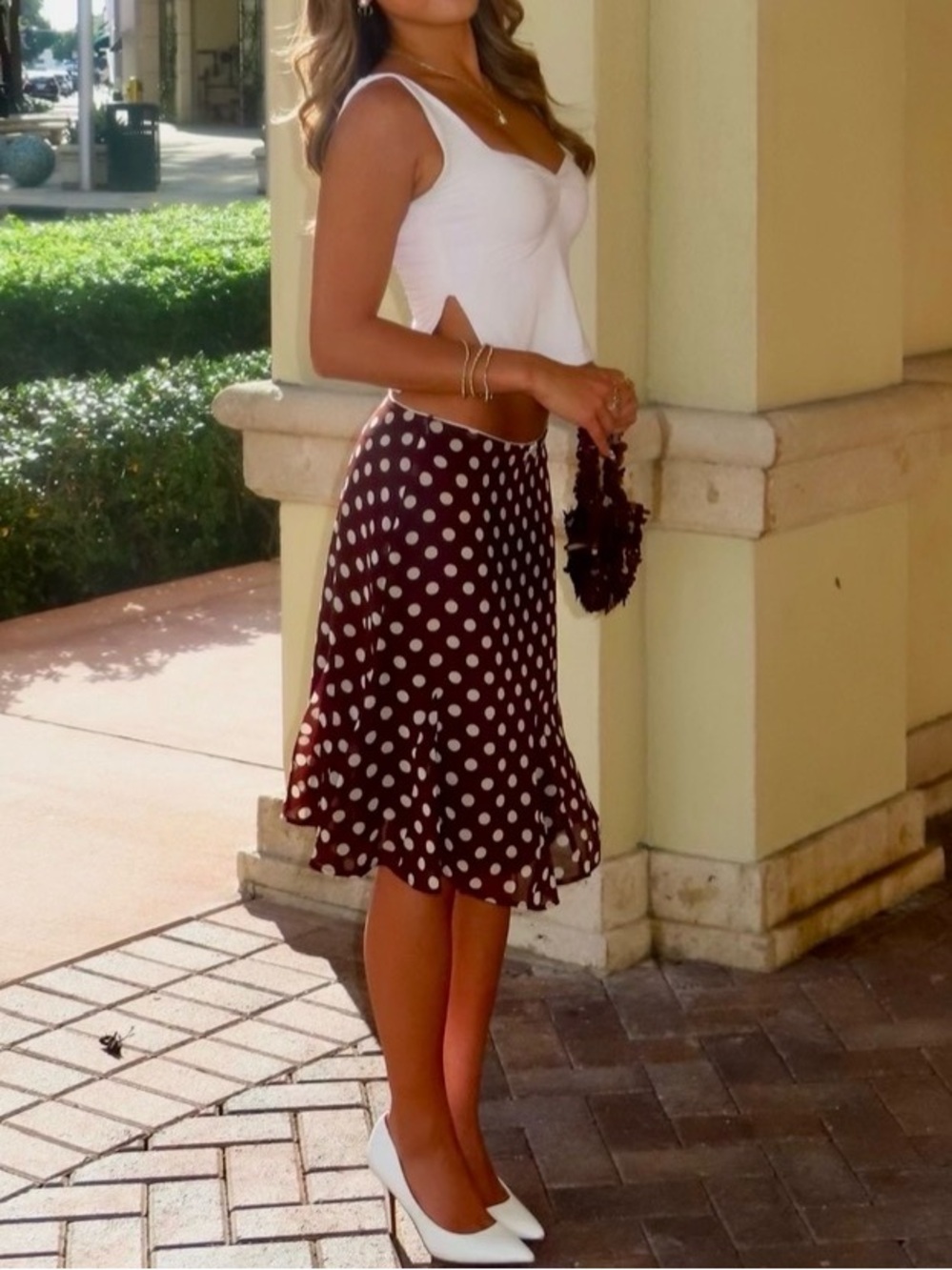 Polka Dot Midi Skirt - Brown / White